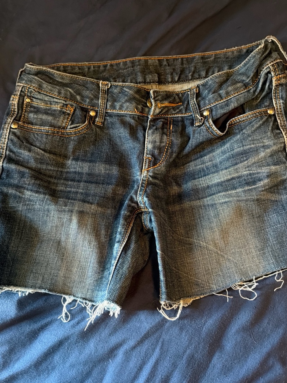 Express Distressed Jean Shorts in Dark Blue Denim